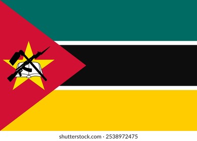 High-quality vector image of the Flag of Mozambique featuring vibrant red, green, black, and yellow stripes with a central emblem of a star, book, and rifle. Ideal for patriotic heritage