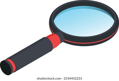 A high-quality vector image of a sleek magnifying glass with a black handle and red accents. Perfect for use in search, investigation, and discovery-themed projects.