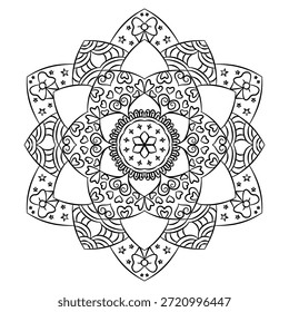 "Ilustración de mandala de Vector de alta calidad con corazones, lazos y patrones florales. Limpie las líneas negras en el fondo blanco, totalmente editable y escalable. Perfecto para libros para colorear para adultos, proyectos de bricolaje, invitaciones de boda y actividades de alivio del estrés".