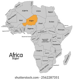 High-quality vector map of Africa with Niger highlighted. Perfect for educational resources, travel guides, geographical publications, and presentations. Editable vector file for easy customization.