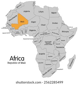 High-quality vector map of Africa with Republic of Mali highlighted. Perfect for educational resources, travel guides, geographical publications, and presentations.