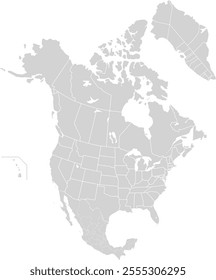 High-quality vector map of North America, including political divisions and Greenland. Ideal for educational, cartographic, and design projects, offering detailed customization