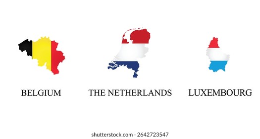 High-quality vector map set illustration of the Benelux countries - Belgium, Netherlands and Luxembourg with and outlined in their national flags. EPS10 format, transparent background, clean, scalable