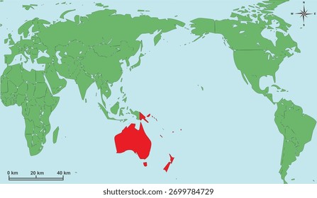 Mapa vetorial de alta qualidade mostrando a Austrália e a região da Oceania com fronteiras de países e áreas oceânicas claras. O design apresenta uma representação geográfica isolada, mínima e precisa