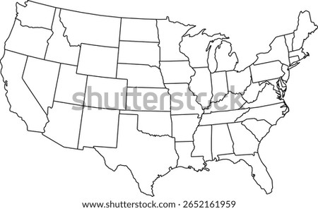 High-quality vector map of the United States of America, showing detailed state borders, accurate geography, and political divisions. Perfect for educational, business, and infographic design use.