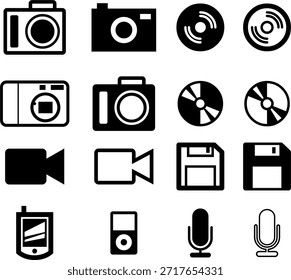 Conjunto de iconos de medios de Vector Video y tecnología de alta calidad que incluye cámara, iconos, reproductor MP4, micrófono, CD y símbolos de almacenamiento de disquetes. Ideal para App, Sitios web, diseño de interfaz de usuario, presentaciones y proyectos multimedia.