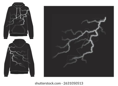High-quality vector mockup of a black hoodie featuring a dramatic glowing lightning bolt design. Includes front and back views, perfect for showcasing electric streetwear