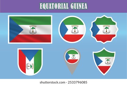 Vector de alta calidad de la Bandera Nacional de Guinea Ecuatorial, con un emblema central en verde, blanco, rojo y azul. Perfecto para proyectos patrióticos y educativos.