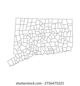 High-quality vector outline of Connecticut showing detailed internal region borders in black line style. Ideal for education, travel, tourism, infographics, maps, and design projects. Fully scalable EPS vector.