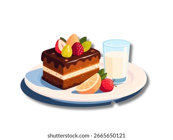 "High-quality vector of a plate with chocolate cake and fruits with a glass of milk, flat design, clean lines, bright colors, isolated on white background"