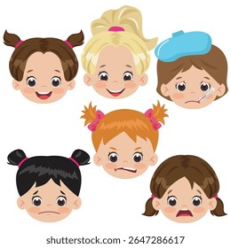 High-quality vector set of cute girl faces with divers High-quality vector set of cute girl faces with divers emotions and fashion hairstyles.
