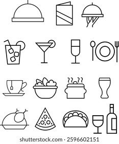 A high-quality vector set of dinner menu icons, perfect for restaurants, cafes, food delivery apps, and menu design. Includes icons for meals, drinks, cutlery, plates, and more. Ideal , brand