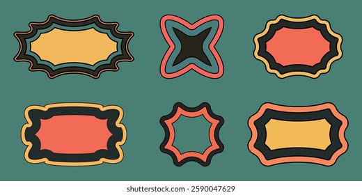 high-quality vector set features six abstract wavy label frames with a retro, vintage-inspired design. Each frame showcases layered, colorful borders in shades of orange, green, yellow, and black.