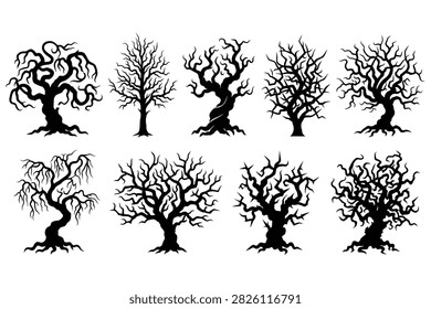 High-quality vector set featuring 9 detailed spooky dead tree silhouettes with gnarled, twisted bare branches and roots. Designed in crisp, high-contrast black vector graphics, perfect for Halloween crafts, Cricut and Silhouette cutting, laser engraving, vinyl decals, t-shirt prints, and haunted-themed design projects