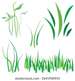 A high-quality vector set featuring various types of foliage and grass elements. Includes lush green leaves, grass blades, and decorative plant shapes ideal for eco-friendly designs,