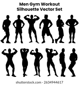 A high-quality vector set of male gym workout poses in silhouette style. Perfect for fitness posters, gym branding, workout guides, mobile apps, web banners, and social media content. 
