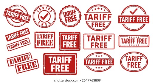 High-quality vector set of vintage-style 'Tariff Free' rubber stamp labels in bold red