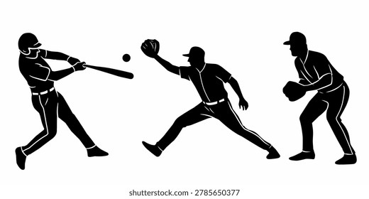 A high-quality vector silhouette collection of baseball players in action. Includes a batter hitting a home run, a fielder making a dramatic catch, and a defensive player ready in position. Perfect for sports graphics, tournament posters, team logos