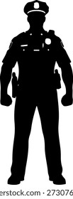High-quality vector silhouette illustration of a standing male police officer (law enforcement) in full uniform, including cap, duty belt, and equipment details. This bold black and white graphic is ideal for security, authority, public service, and justice concepts. Isolated on a white background for design use.