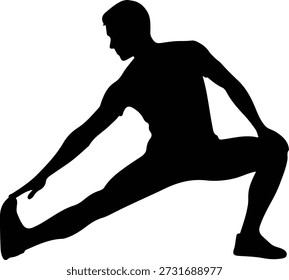 High-quality vector silhouette of a man performing a dynamic stretching exercise, specifically targeting the hamstring and quad muscles. This black icon is ideal for fitness apps, gym posters, health websites, workout guides, and athletic branding, isolated on a clean white background.