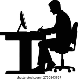 Silueta de Vector de alta calidad de un hombre sentado en una silla de oficina ergonómica, trabajando diligentemente en un escritorio con un monitor de computadora. Este elemento gráfico aislado es ideal para ilustrar conceptos de negocios, vida corporativa, trabajo remoto, productividad, entrada de datos y ocupación profesional sobre un fondo blanco limpio.