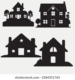 High-quality vector silhouette of a village house. Ideal for rural landscape designs, countryside illustrations, farm-themed graphics, and real estate projects. 
