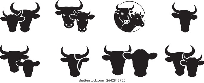 High-quality vector silhouettes of cows and bulls, perfect for agricultural designs, branding, or illustrations. 