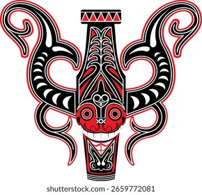 El diseño típico de la estatua tribal Batak tiene dos cuernos ramificados con colores dominantes de negro, blanco y rojo.