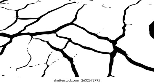 Textura vetorial de alta qualidade com rachaduras e fraturas por danos causados pelo terremoto em superfícies de terra, chão e parede em preto, branco e cinza, ideal para simulações de desastres naturais e fundos aflitos