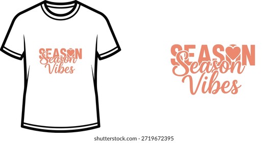 Ein hochwertiges Vektor-Typografie-T-Shirt-Design mit dem inspirierenden Slogan "Season Vibes" in stilvollem Mixed-Font-Arrangement. Das Design enthält eine fette Großbuchstaben-Schriftart für "SEASON" mit einer schönen Schrift für "Season Vibes", und enthält eine dekorative Herz-Ikone. Dieses Kunstwerk eignet sich perfekt für Print-on-Demand-Produkte wie Bekleidung, Handelsartikel, Poster und andere Sonderanfertigungen für alle Jahreszeiten.
