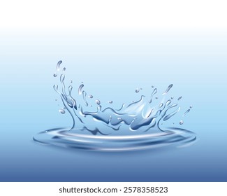 A high-quality vector of a water splash in motion, illustrating freshness, energy, and movement. Ideal for branding, advertising, or conceptual backgrounds related to purity and vitality.