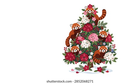 A high-quality vector-style illustration featuring a group of five playful red pandas perched within the branches of a tree shaped like a holiday evergreen. Instead of traditional ornaments, the tree is adorned with blooming rhododendron flowers in shades of crimson and blush, along with natural pine cones and clusters of red berries. The design combines wildlife themes with festive holiday aesthetics, set against a clean white background.