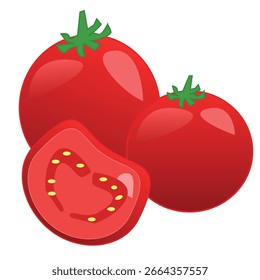 High-quality vector-style illustration of fresh red tomatoes. Features two whole tomatoes with green stems and one sliced piece showing seeds and juicy flesh. Perfect for healthy food concept.