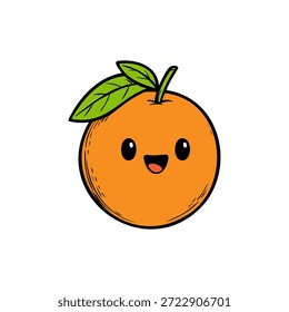 Una Ilustración vectorial vibrante y de alta calidad de una fruta naranja linda al estilo kawaii. Con una cara sonriente alegre y hojas verdes frescas, este diseño de personaje es perfecto para libros infantiles, pegatinas, promociones de alimentos saludables, materiales educativos y marca divertida. Su estética limpia y amigable lo hace ideal para medios digitales e impresos, aislados sobre un fondo blanco para un fácil uso.
