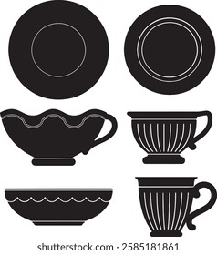 High-quality vintage silhouette tableware set featuring plates, cups, bowls, and a decorative gravy boat. Perfect for classic and retro-style designs.
