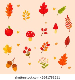 High-quality watercolor autumn clipart collection featuring hand-painted seasonal elements: colorful leaves, berries, mushrooms, flowers, apples, acorns, and twigs. Perfect for fall greeting cards