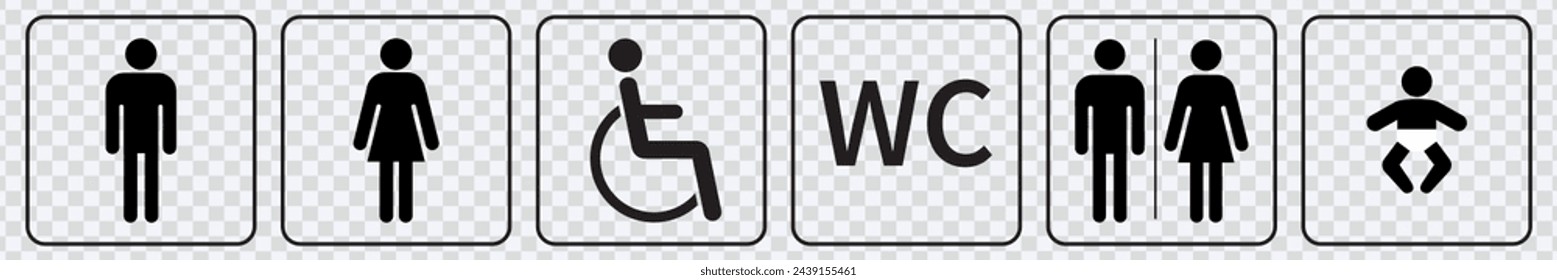 "High-quality WC icon for universal restroom signage, featuring both male and female symbols. Man, woman, mother with baby and handicapped silhouettes collection. Perfect for diverse design needs."