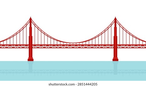 A high-quality, wide-angle flat vector illustration depicting a prominent red suspension bridge. The bridge structure includes two main vertical towers with swooping main cables and thinner vertical suspender ropes supporting the deck. Below the bridge is a body of light blue water with a subtle mirror reflection of the structure above. The entire scene is set against a solid white background in a minimalist and clean aesthetic style.