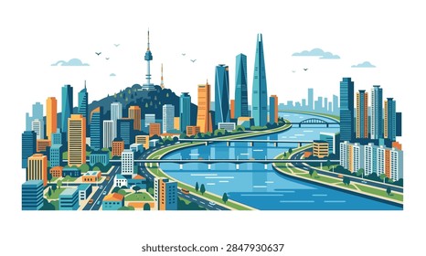 A high-quality wide-angle vector graphic representing the Seoul, South Korea cityscape. The artwork includes stylized versions of prominent landmarks such as the communications tower, various office buildings, residential apartments, and bridges over the Han River. The scene is presented in a professional vector style suitable for travel and business concepts.