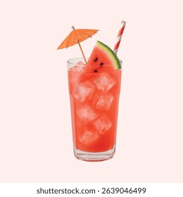 A high-resolution 3D illustration of a refreshing summer watermelon cocktail, featuring ice cubes, a striped straw, and a cocktail umbrella, all isolated on a transparent background. 