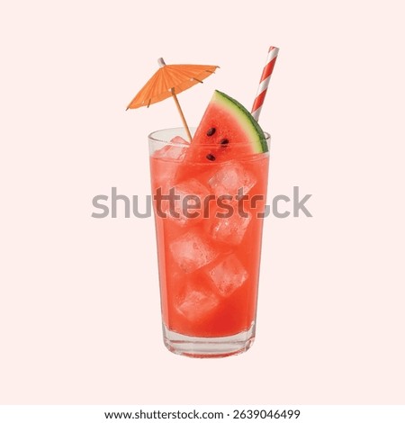 A high-resolution 3D illustration of a refreshing summer watermelon cocktail, featuring ice cubes, a striped straw, and a cocktail umbrella, all isolated on a transparent background. 