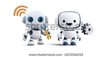 High-resolution 3D vector of two white-blue service robots. One lifts a golden wrench beneath an orange wifi signal, the other shows a silver gear, signifying AI maintenance, automation