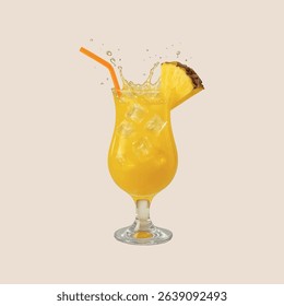 A high-resolution 3D-rendered illustration of a tropical pineapple cocktail served in a tall hurricane glass. The drink includes ice cubes, a striped straw, dynamic juice splashes, and realistic light
