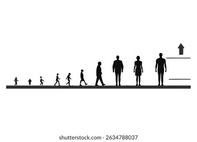 Uma ilustração vetorial de alta resolução 4K mostrando o crescimento populacional desde os tempos antigos até os modernos usando silhuetas e infográficos. Ideal para história, educação e visuais demográficos.