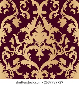 High-resolution baroque damask pattern with golden filigree set on deep red background. Perfect for antique wallpapers, interiors, and design backgrounds.