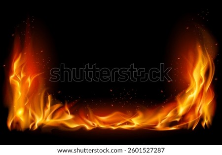 high-resolution depiction of horizontal fire flames with glowing sparks, set against a dark background. Ideal for design projects, banners, and visual effects.