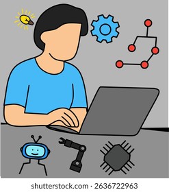 High-resolution grayscale vector illustration featuring detailed outlines of human figures and mechanical or technical elements. Suitable for editorial, educational, and industrial-themed creative pro