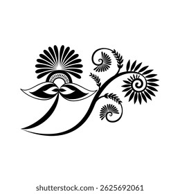 High-resolution hand-drawn black and white floral vector illustration, isolated on white background. Ideal for seamless patterns, logos, decorative artwork, and symmetrical ornamental design elements.