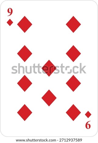 High-resolution illustration of the 9 of Diamonds playing card, featuring bold red diamond pips against a stark white background. This clean graphic is ideal for casino, betting, or game interface design projects.