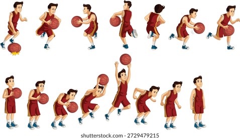 Ilustración de Alta resolución que muestra una secuencia de movimientos de baloncesto realizados por un jugador con una camiseta roja. Los fotogramas representan acciones dinámicas como driblar, correr, pasar, disparar y pararse, ideales para visualizar la técnica y el movimiento. Diseñada en un formato estilizado con una progresión clara, esta Imagen es perfecta para materiales de entrenamiento deportivo, animación de aficionados, contenido educativo y referencias de diseño de juegos.